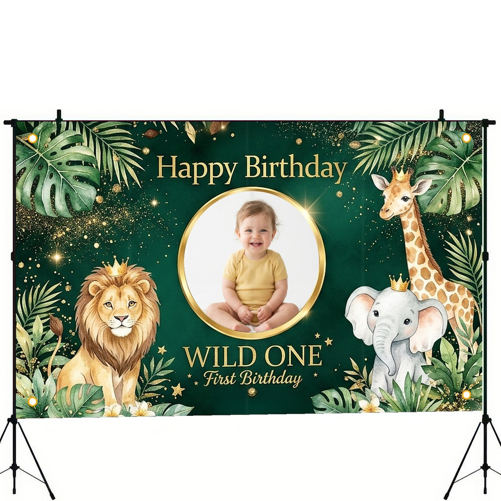 Custom Photo Birthday Banner, Personalized Picture Frame Sign, Green Jungle Safari Wild One 1st Happy Birthday Backdrop, Large 71"x43"