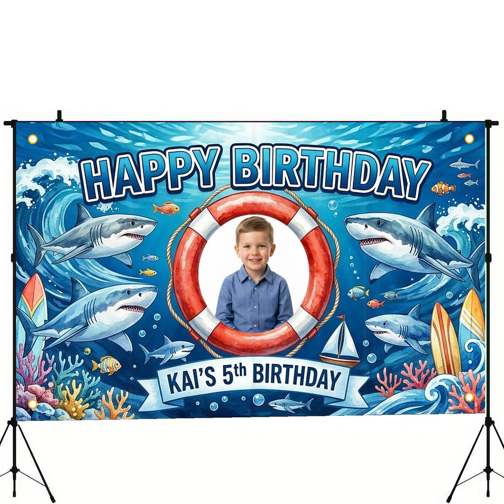 Custom Photo Birthday Banner, Personalized Picture Frame Sign, Blue Ocean Shark Happy Birthday Backdrop, Large 71"x43"