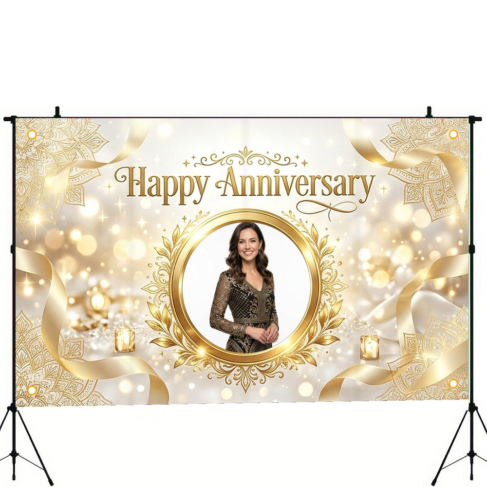 Custom Photo Anniversary Banner, Personalized Picture Frame Sign, Elegant White & Gold Happy Anniversary Backdrop, Large 71"x43"