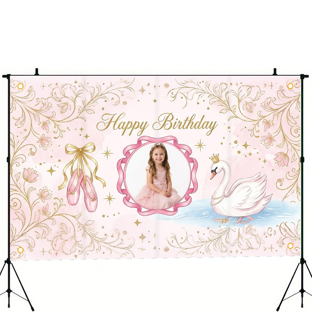 Custom Photo Birthday Banner, Personalized Picture Frame Sign, Elegant Pink Swan Princess Birthday Backdrop, Large 71"x43"