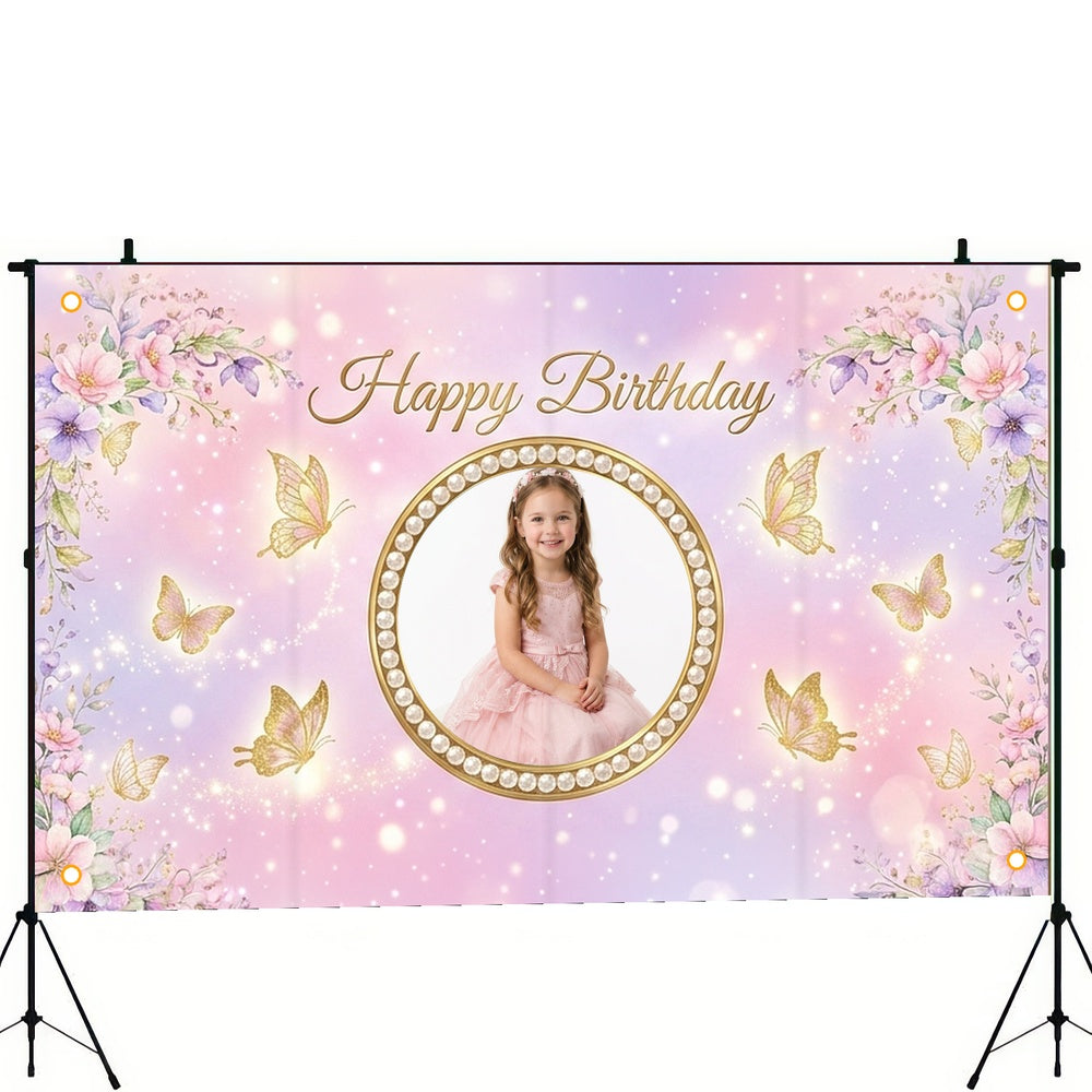 Custom Photo Birthday Banner, Personalized Picture Frame Sign, Pink Purple Butterfly Floral Happy Birthday Backdrop, Large 71"x43"