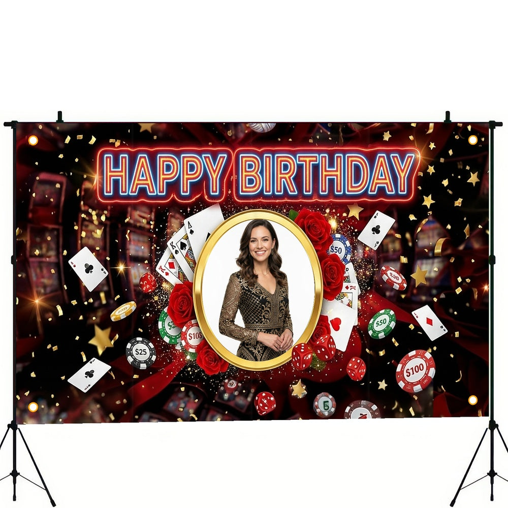 Custom Photo Birthday Banner, Personalized Picture Frame Sign, Red & Black Casino Poker Happy Birthday Backdrop, Large 71"x43"
