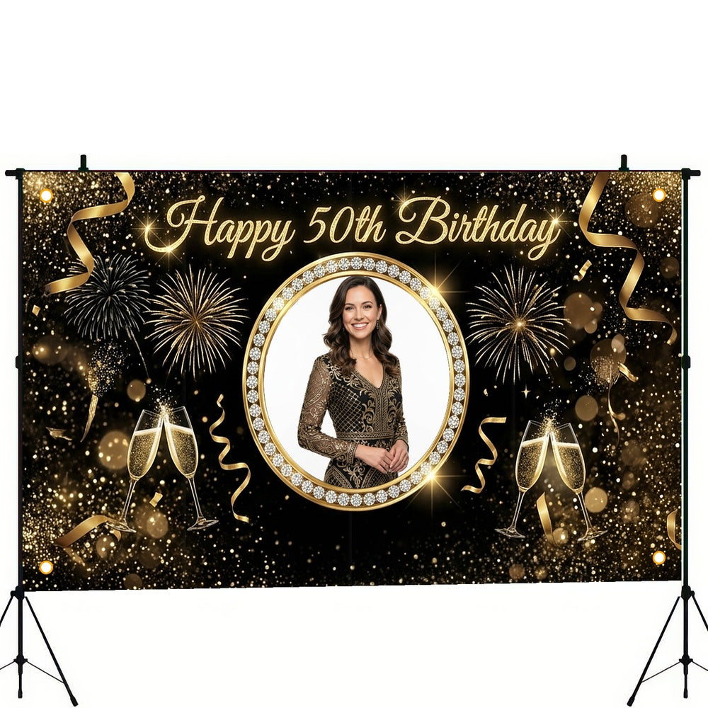 Custom Photo Birthday Banner, Personalized Picture Frame Sign, Elegant Black & Gold 50th Happy Birthday Backdrop, Large 71"x43"