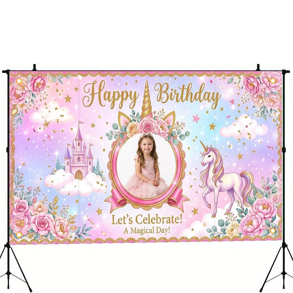 Custom Photo Birthday Banner, Personalized Picture Frame Sign, Magical Pink Rainbow Unicorn Happy Birthday Backdrop, Large 71"x43"