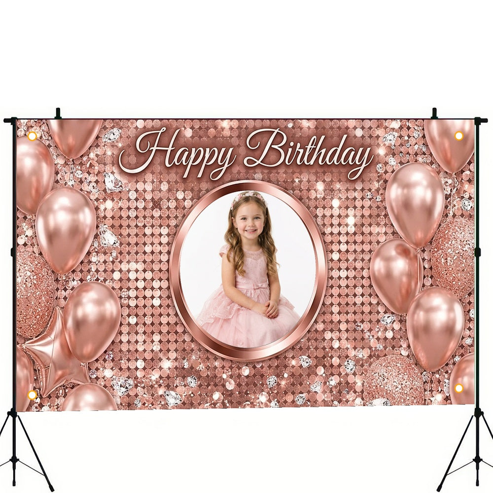 Custom Photo Birthday Banner, Personalized Picture Frame Sign, Rose Gold Balloons Glitter Happy Birthday Backdrop, Large 71"x43"