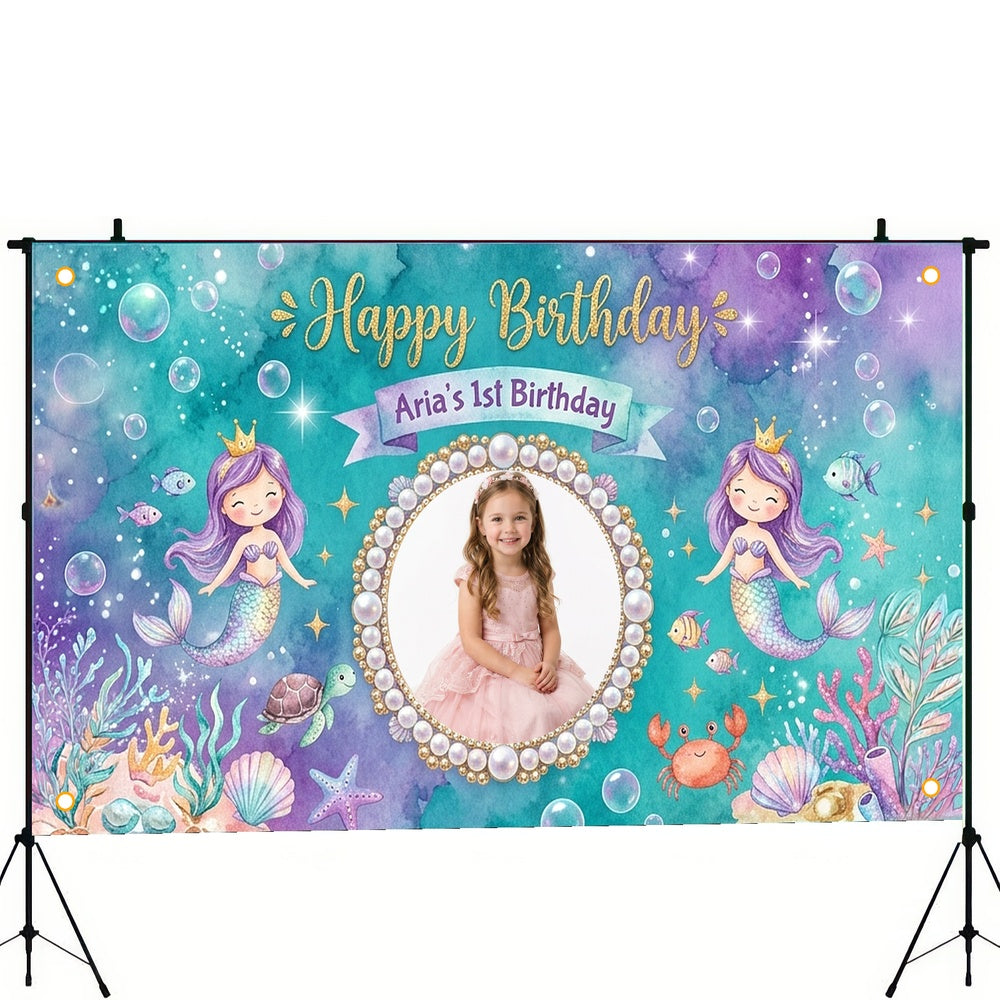 Custom Photo Birthday Banner, Personalized Picture Frame Sign, Blue Purple Ocean Mermaid Happy Birthday Backdrop, Large 71"x43"