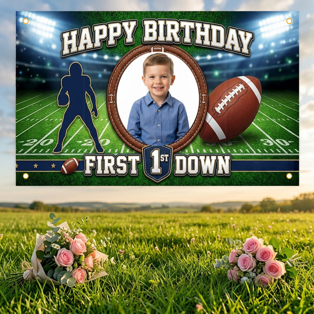 Custom Photo Birthday Banner, Personalized Picture Frame Sign, Green Field First Down Football Happy Birthday Backdrop, Large 71"x43"