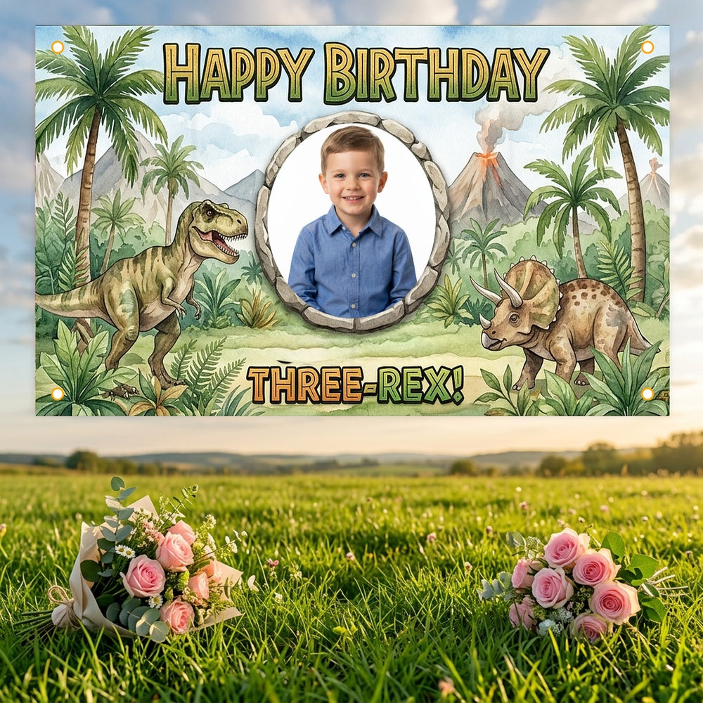 Custom Photo Birthday Banner, Personalized Picture Frame Sign, Green Jungle Dinosaur Three Rex 3rd Happy Birthday Backdrop, Large 71"x43"