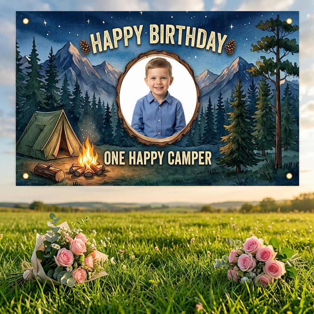 Custom Photo Birthday Banner, Personalized Picture Frame Sign, Starry Night Forest Camping Happy Birthday Backdrop, Large 71"x43"