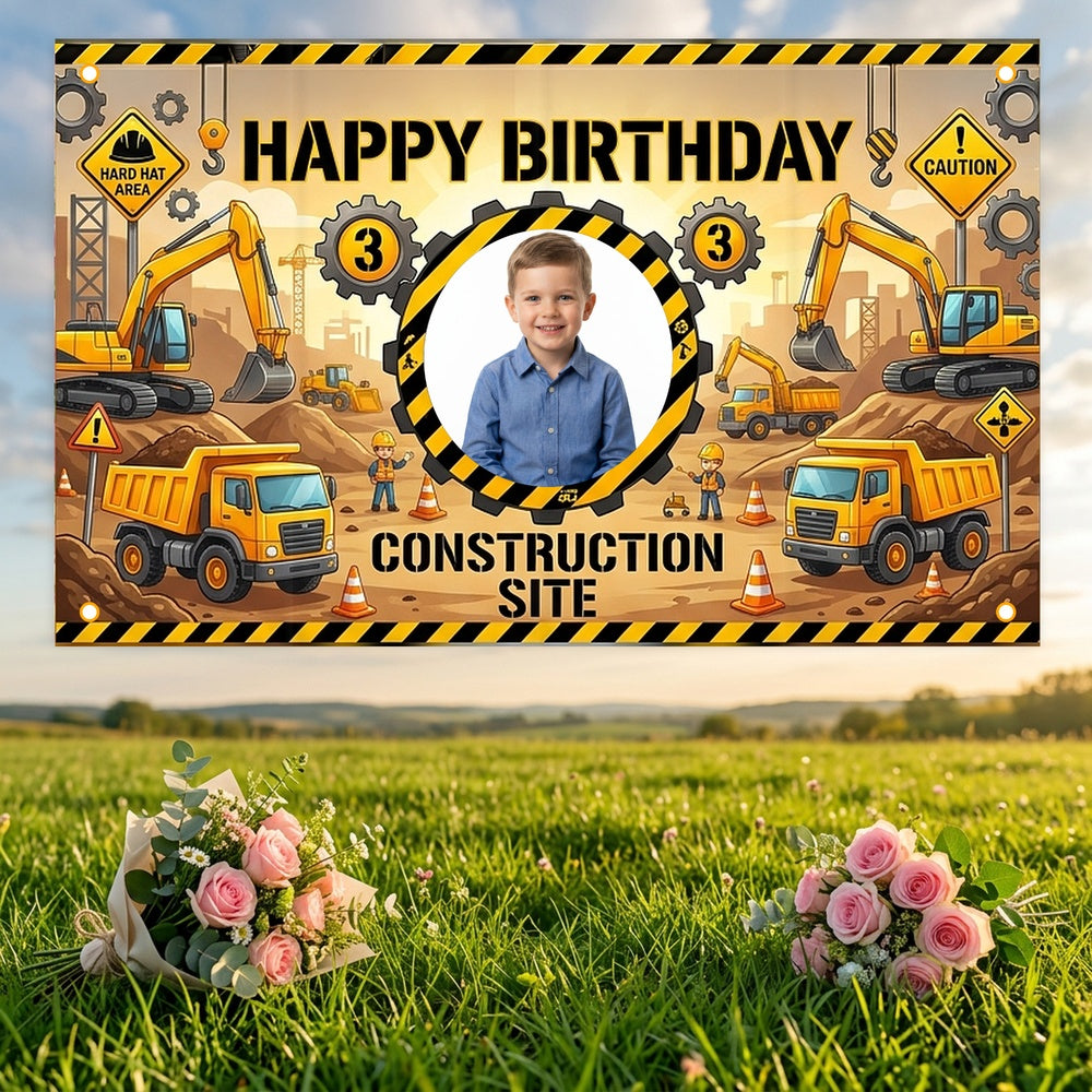 Custom Photo Birthday Banner, Personalized Picture Frame Sign, Yellow & Black Construction Truck Happy Birthday Backdrop, Large 71"x43"