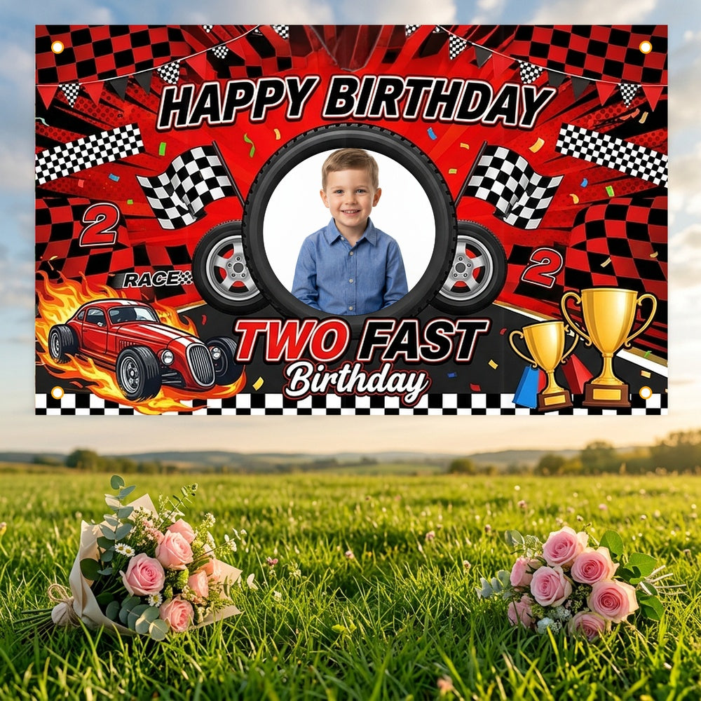 Custom Photo Birthday Banner, Personalized Picture Frame Sign, Red & Black Two Fast Racing Car Happy Birthday Backdrop, Large 71"x43"