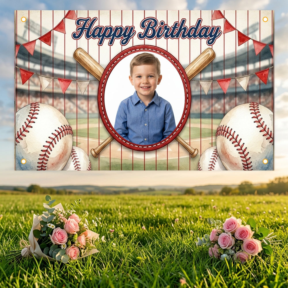 Custom Photo Birthday Banner, Personalized Picture Frame Sign, Red White & Blue Baseball Happy Birthday Backdrop, Large 71"x43"