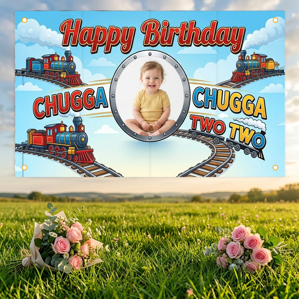 Custom Photo Birthday Banner, Personalized Picture Frame Sign, Blue Chugga Chugga Two Two Train Happy Birthday Backdrop, Large 71"x43"
