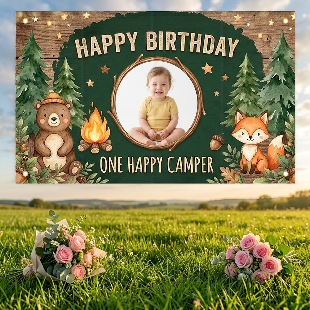 Custom Photo Birthday Banner, Personalized Picture Frame Sign, Forest One Happy Camper 1st Happy Birthday Backdrop, Large 71"x43"