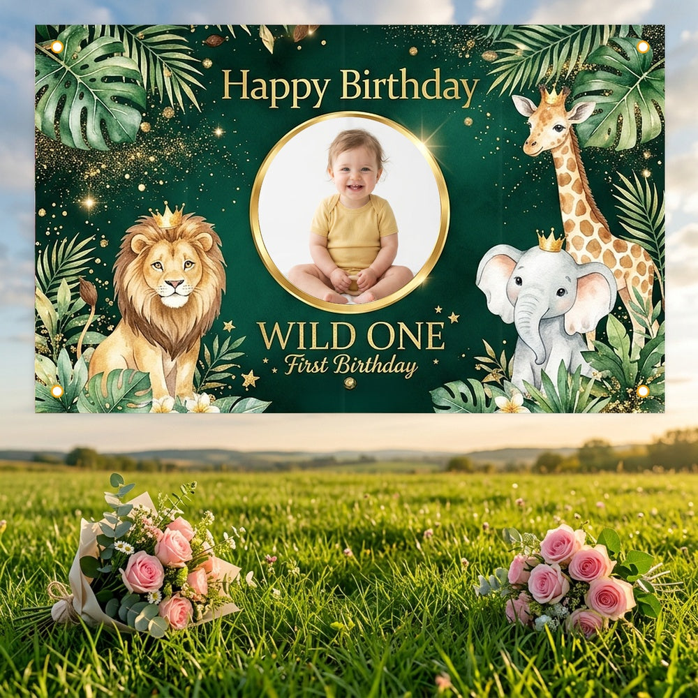 Custom Photo Birthday Banner, Personalized Picture Frame Sign, Green Jungle Safari Wild One 1st Happy Birthday Backdrop, Large 71"x43"
