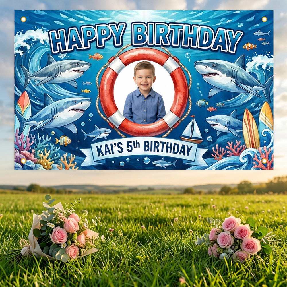 Custom Photo Birthday Banner, Personalized Picture Frame Sign, Blue Ocean Shark Happy Birthday Backdrop, Large 71"x43"