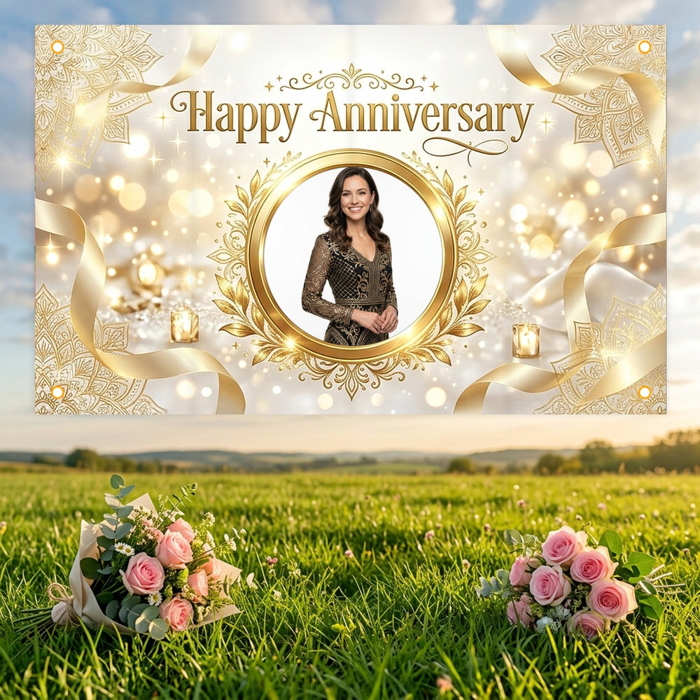 Custom Photo Anniversary Banner, Personalized Picture Frame Sign, Elegant White & Gold Happy Anniversary Backdrop, Large 71"x43"