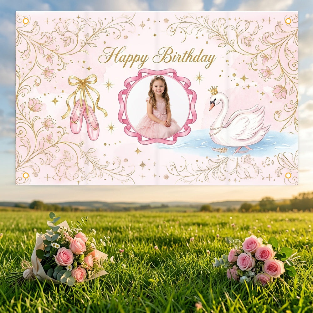 Custom Photo Birthday Banner, Personalized Picture Frame Sign, Elegant Pink Swan Princess Birthday Backdrop, Large 71"x43"