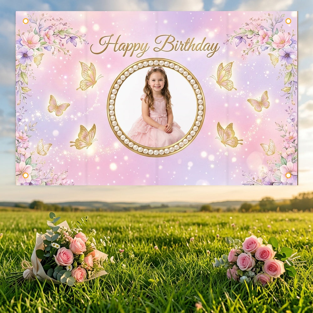 Custom Photo Birthday Banner, Personalized Picture Frame Sign, Pink Purple Butterfly Floral Happy Birthday Backdrop, Large 71"x43"