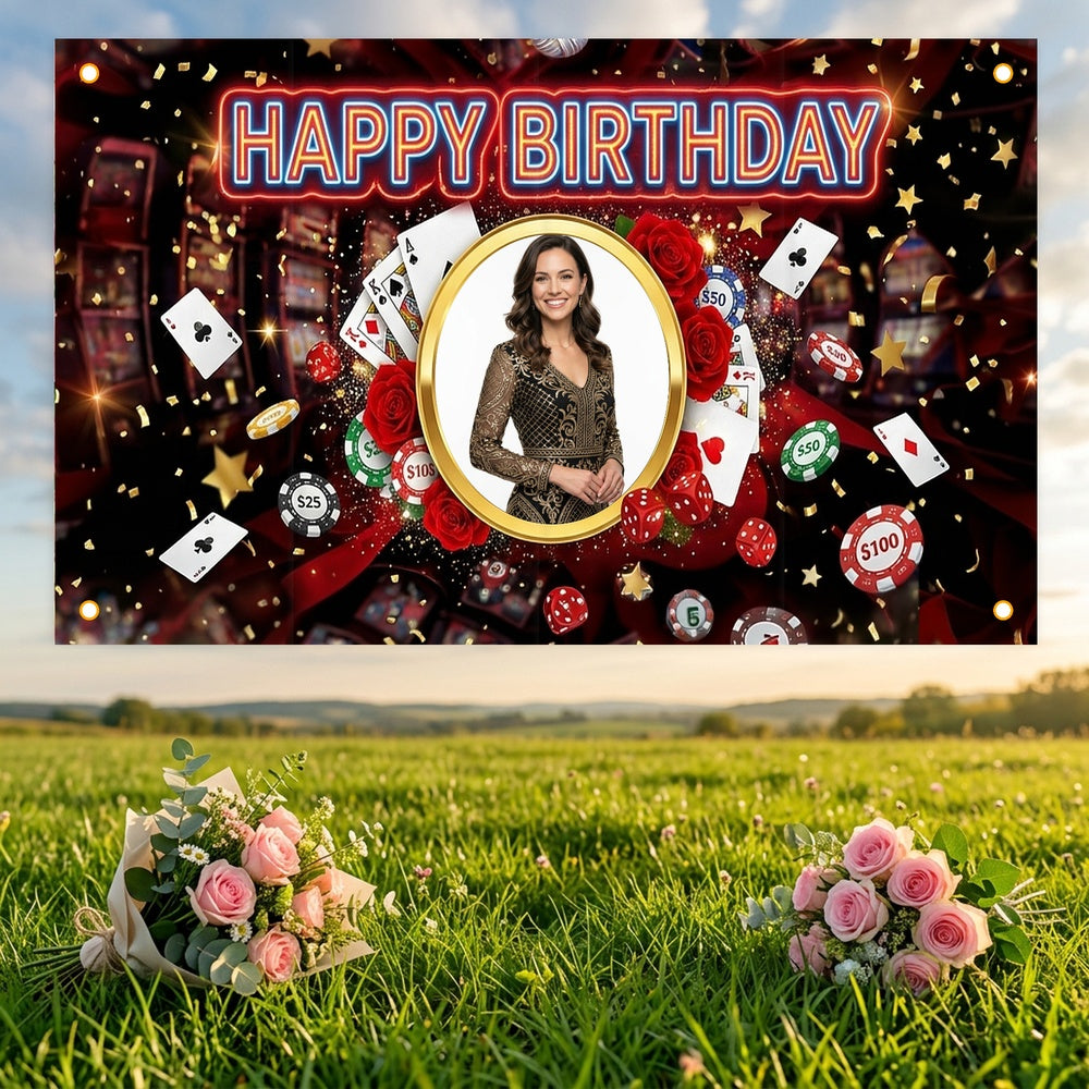 Custom Photo Birthday Banner, Personalized Picture Frame Sign, Red & Black Casino Poker Happy Birthday Backdrop, Large 71"x43"