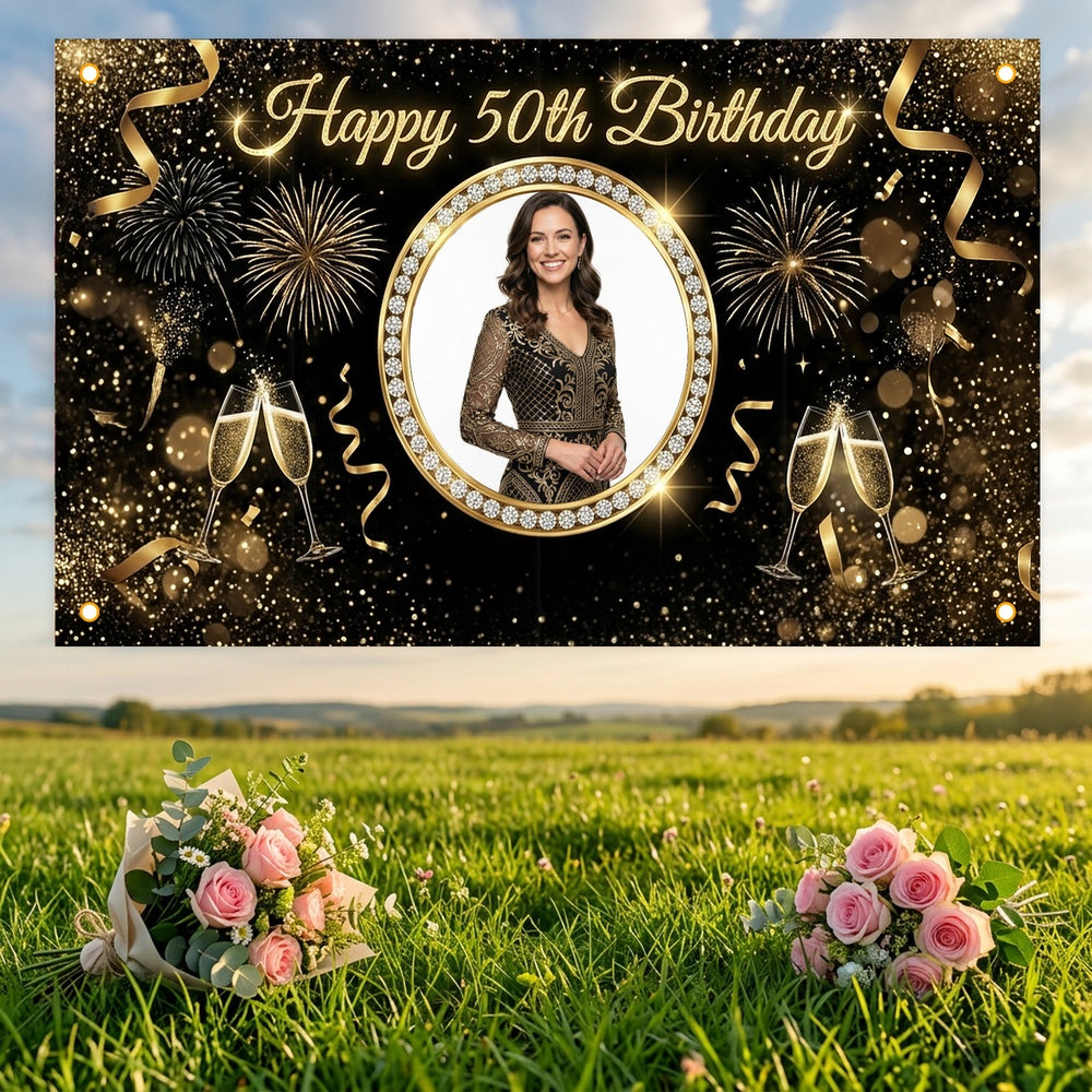 Custom Photo Birthday Banner, Personalized Picture Frame Sign, Elegant Black & Gold 50th Happy Birthday Backdrop, Large 71"x43"