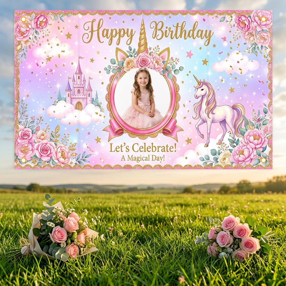 Custom Photo Birthday Banner, Personalized Picture Frame Sign, Magical Pink Rainbow Unicorn Happy Birthday Backdrop, Large 71"x43"