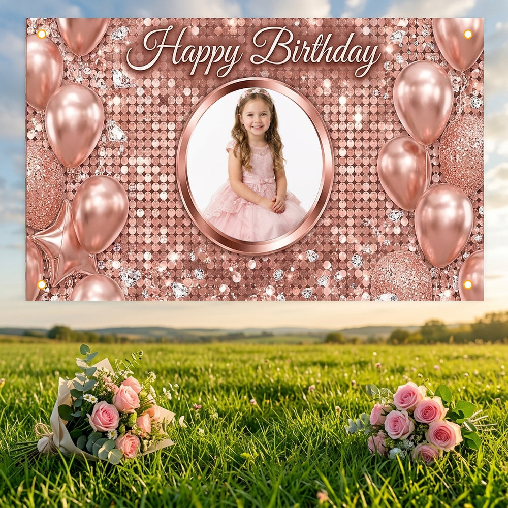 Custom Photo Birthday Banner, Personalized Picture Frame Sign, Rose Gold Balloons Glitter Happy Birthday Backdrop, Large 71"x43"
