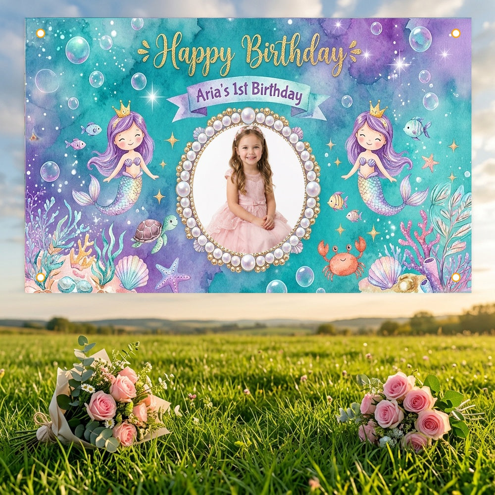 Custom Photo Birthday Banner, Personalized Picture Frame Sign, Blue Purple Ocean Mermaid Happy Birthday Backdrop, Large 71"x43"