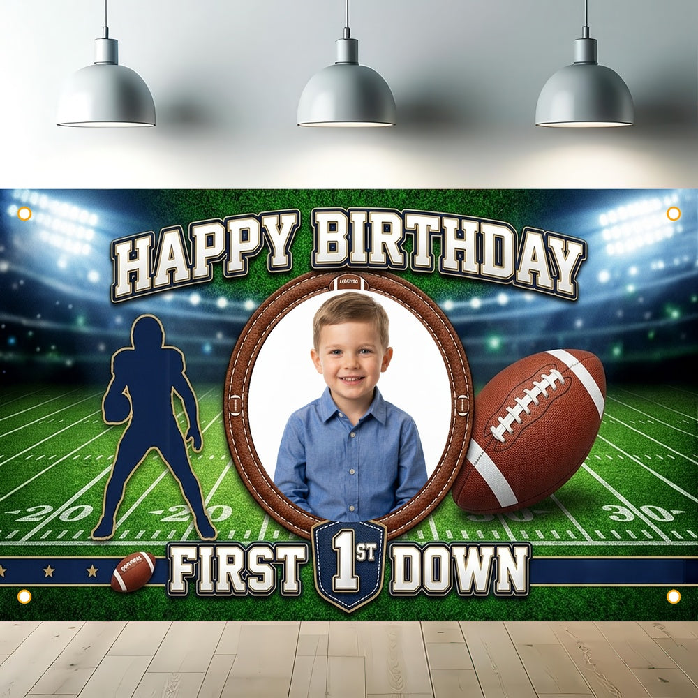 Custom Photo Birthday Banner, Personalized Picture Frame Sign, Green Field First Down Football Happy Birthday Backdrop, Large 71"x43"
