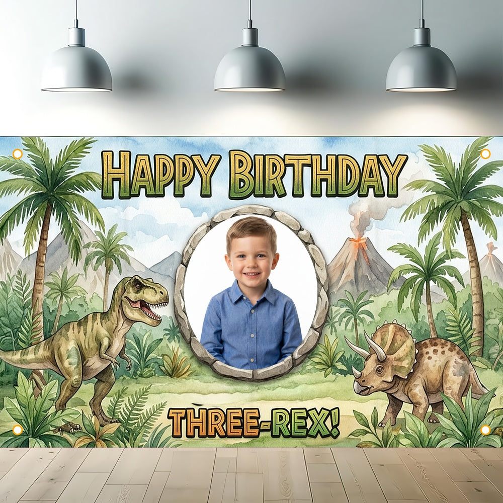 Custom Photo Birthday Banner, Personalized Picture Frame Sign, Green Jungle Dinosaur Three Rex 3rd Happy Birthday Backdrop, Large 71"x43"