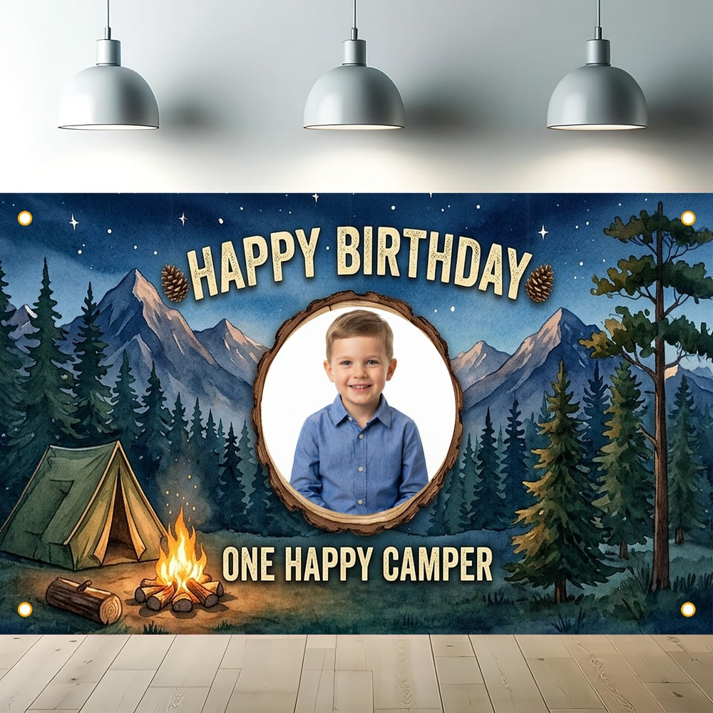Custom Photo Birthday Banner, Personalized Picture Frame Sign, Starry Night Forest Camping Happy Birthday Backdrop, Large 71"x43"
