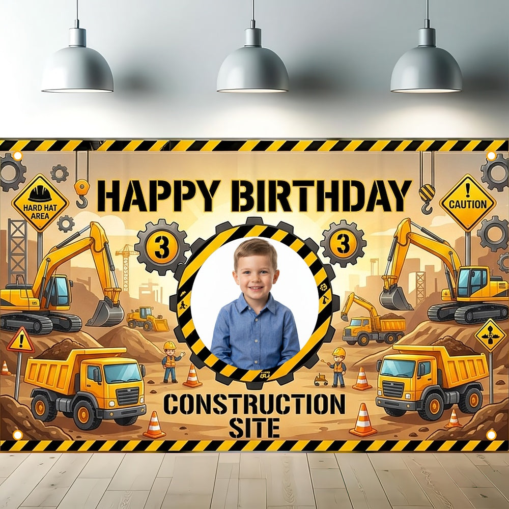 Custom Photo Birthday Banner, Personalized Picture Frame Sign, Yellow & Black Construction Truck Happy Birthday Backdrop, Large 71"x43"