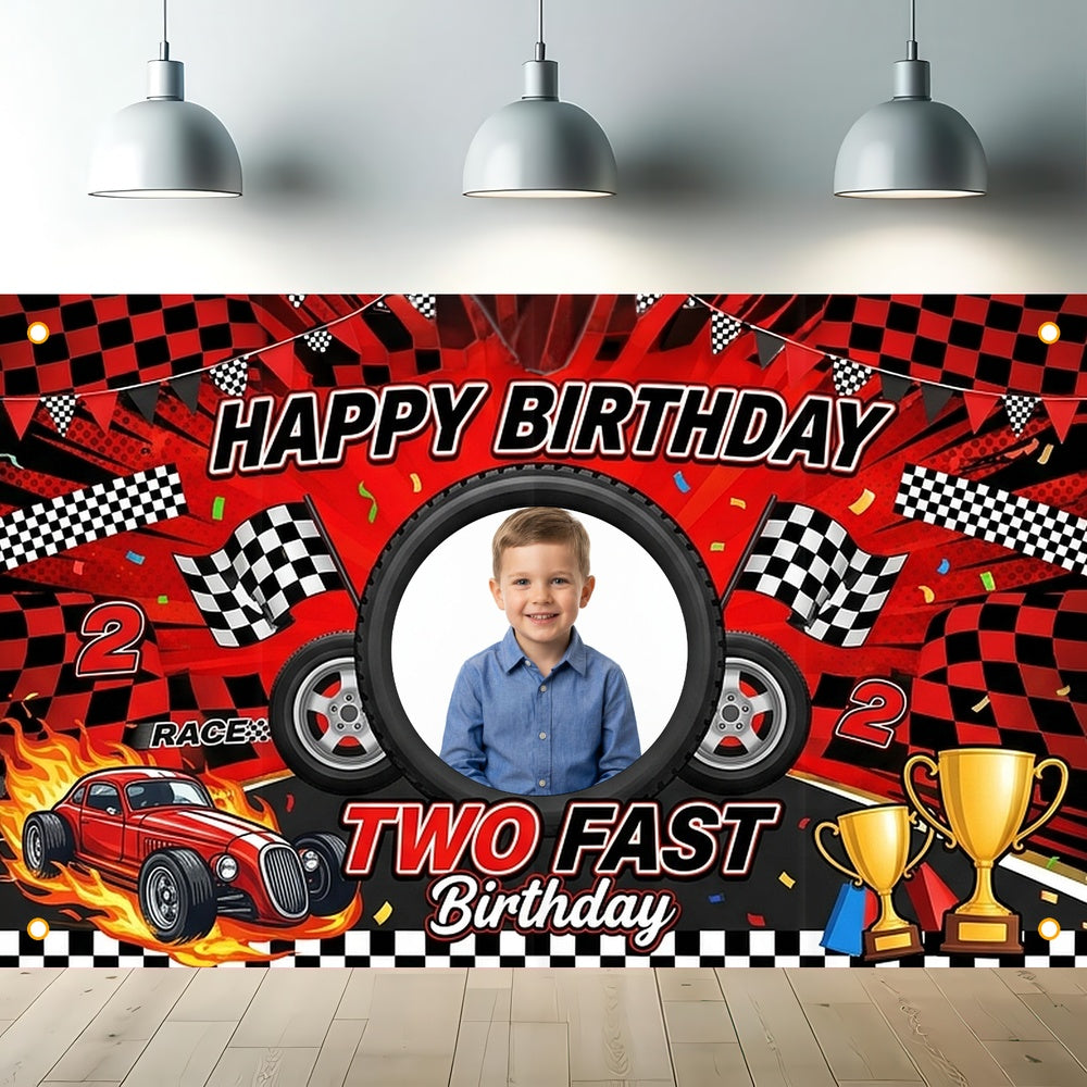 Custom Photo Birthday Banner, Personalized Picture Frame Sign, Red & Black Two Fast Racing Car Happy Birthday Backdrop, Large 71"x43"