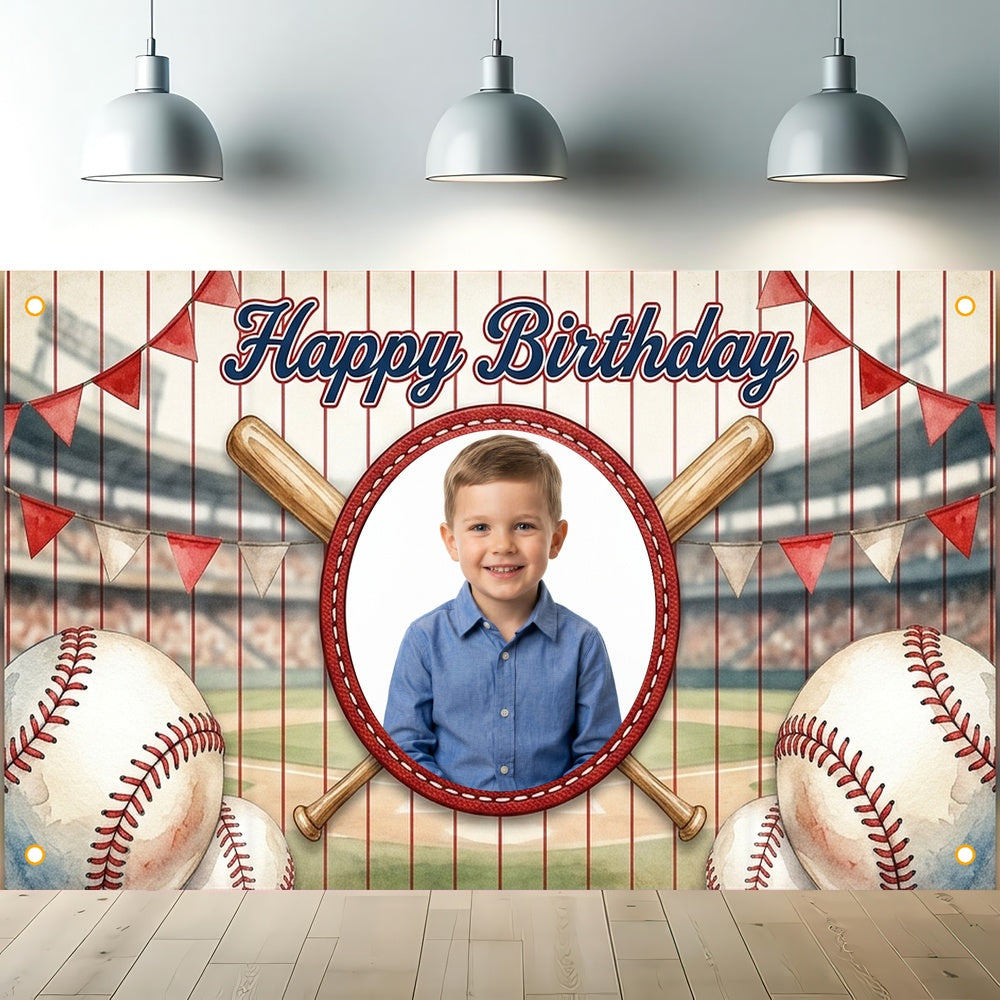 Custom Photo Birthday Banner, Personalized Picture Frame Sign, Red White & Blue Baseball Happy Birthday Backdrop, Large 71"x43"