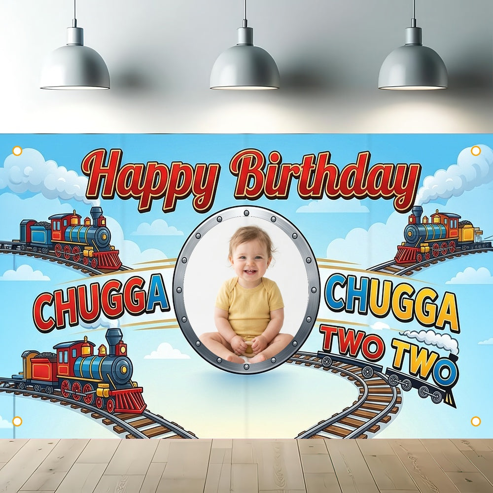 Custom Photo Birthday Banner, Personalized Picture Frame Sign, Blue Chugga Chugga Two Two Train Happy Birthday Backdrop, Large 71"x43"