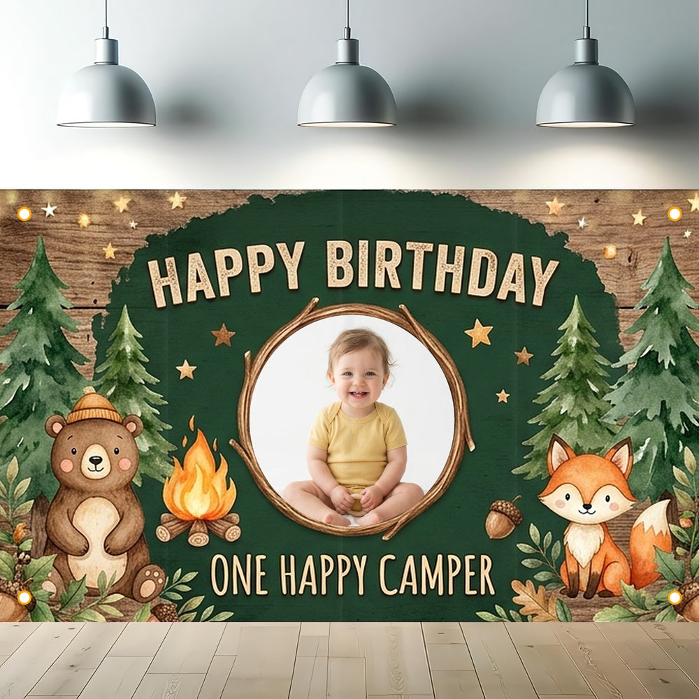 Custom Photo Birthday Banner, Personalized Picture Frame Sign, Forest One Happy Camper 1st Happy Birthday Backdrop, Large 71"x43"