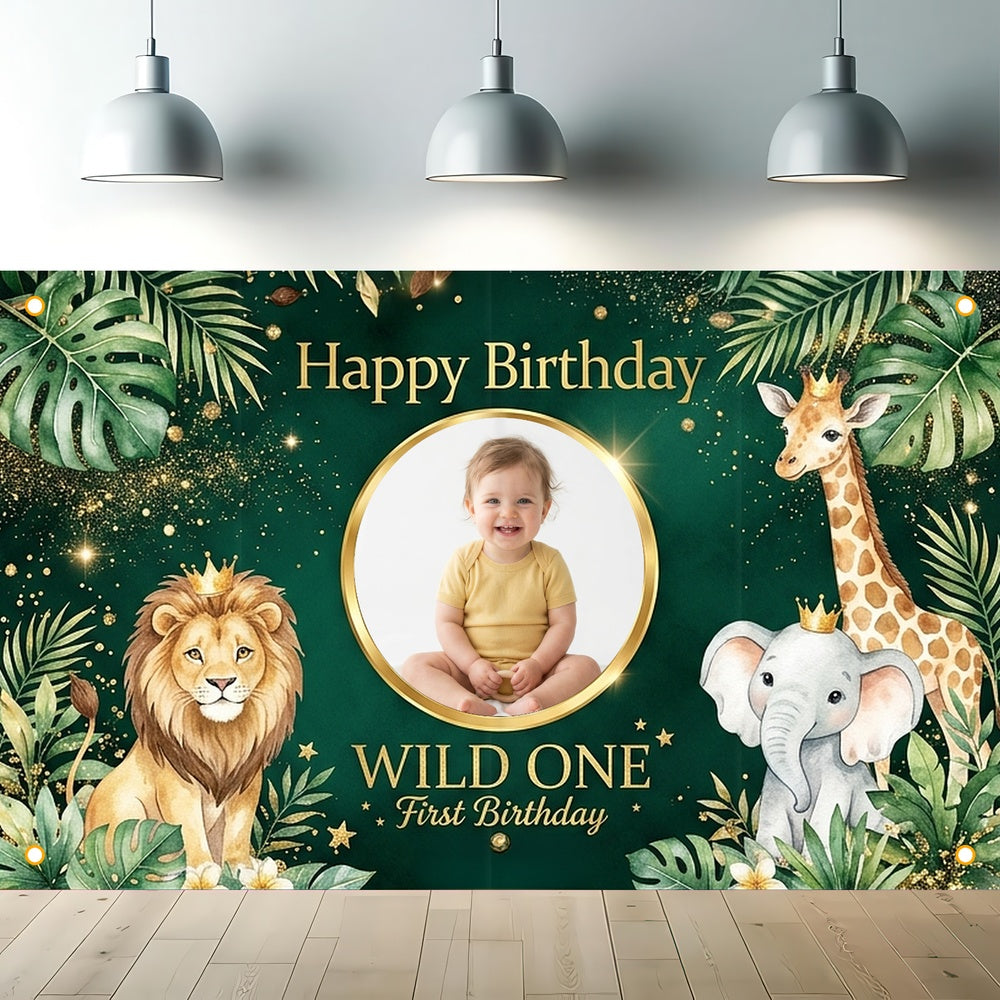 Custom Photo Birthday Banner, Personalized Picture Frame Sign, Green Jungle Safari Wild One 1st Happy Birthday Backdrop, Large 71"x43"