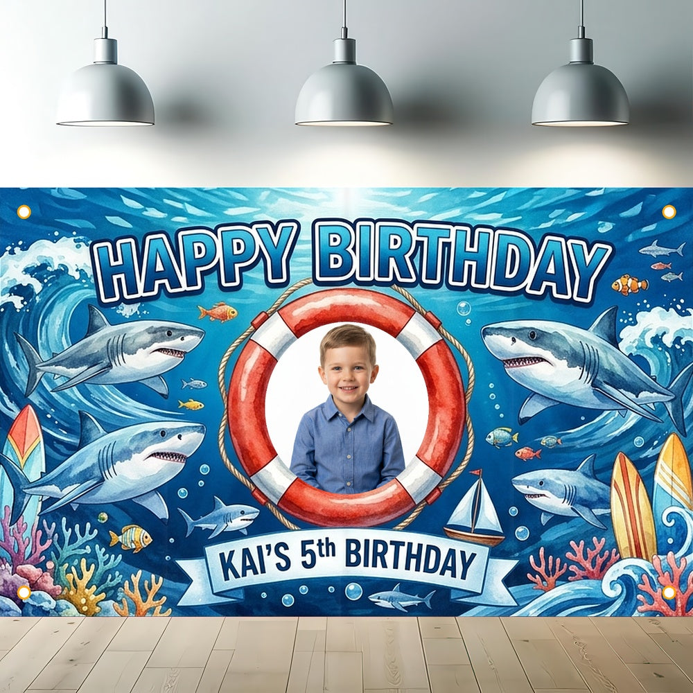 Custom Photo Birthday Banner, Personalized Picture Frame Sign, Blue Ocean Shark Happy Birthday Backdrop, Large 71"x43"