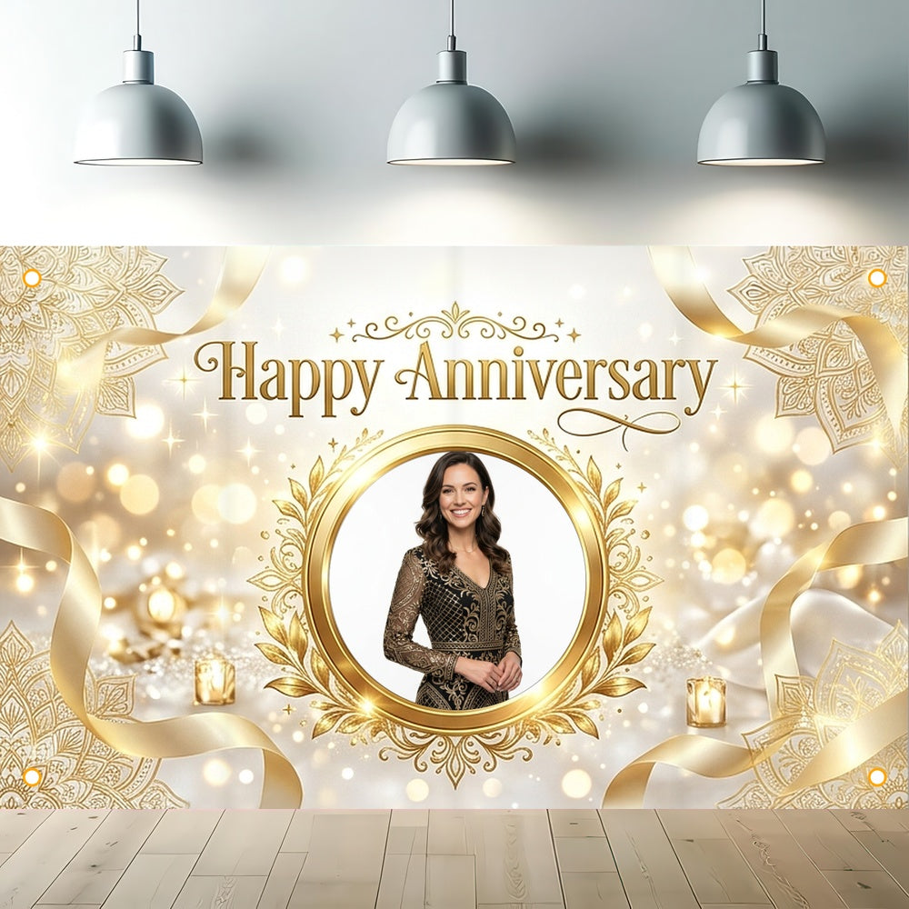 Custom Photo Anniversary Banner, Personalized Picture Frame Sign, Elegant White & Gold Happy Anniversary Backdrop, Large 71"x43"