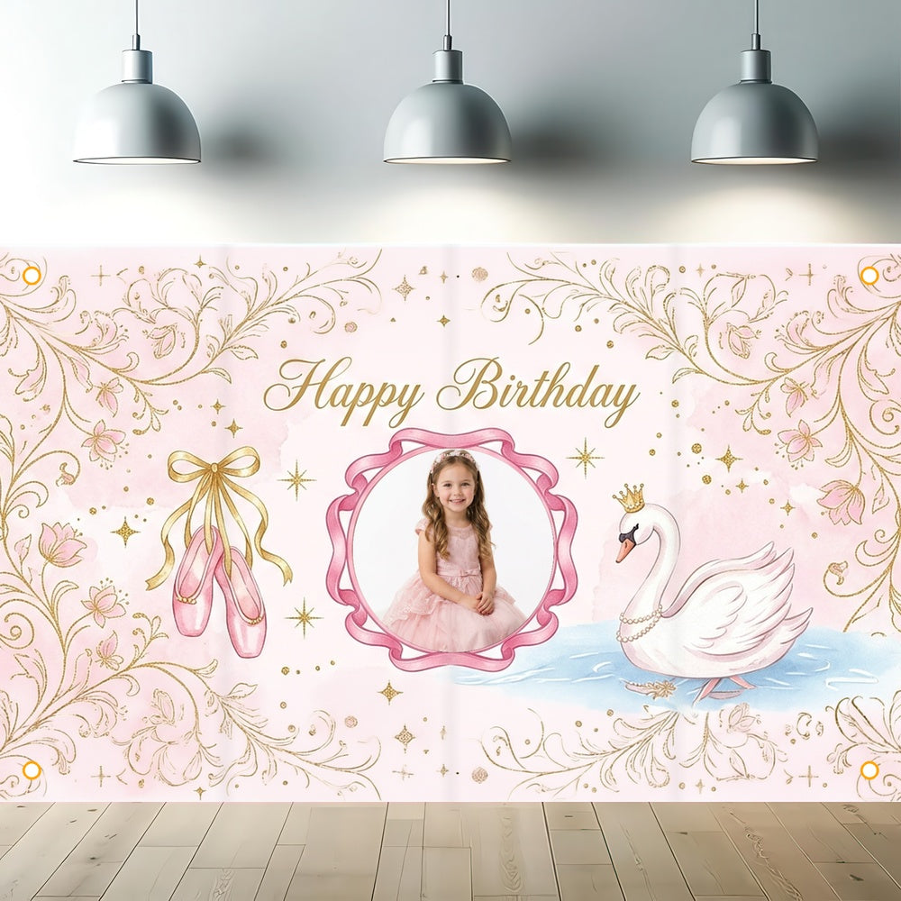 Custom Photo Birthday Banner, Personalized Picture Frame Sign, Elegant Pink Swan Princess Birthday Backdrop, Large 71"x43"