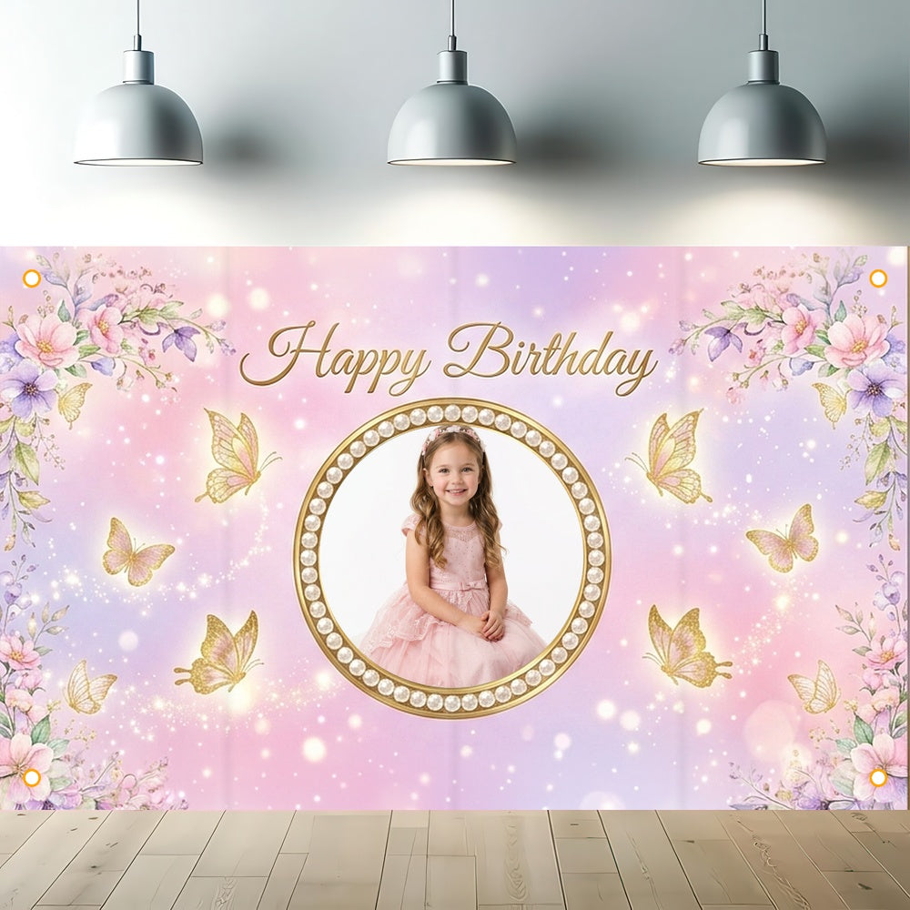 Custom Photo Birthday Banner, Personalized Picture Frame Sign, Pink Purple Butterfly Floral Happy Birthday Backdrop, Large 71"x43"
