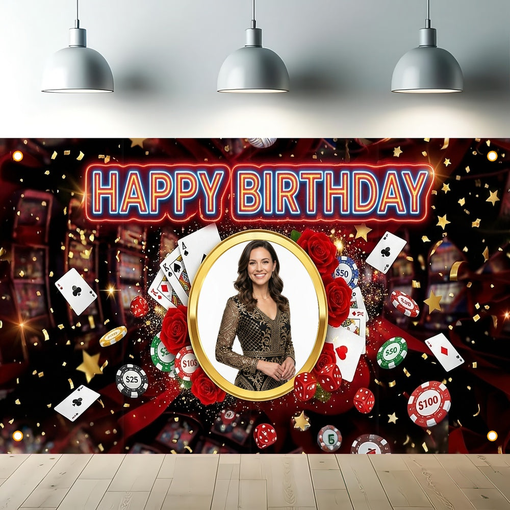 Custom Photo Birthday Banner, Personalized Picture Frame Sign, Red & Black Casino Poker Happy Birthday Backdrop, Large 71"x43"