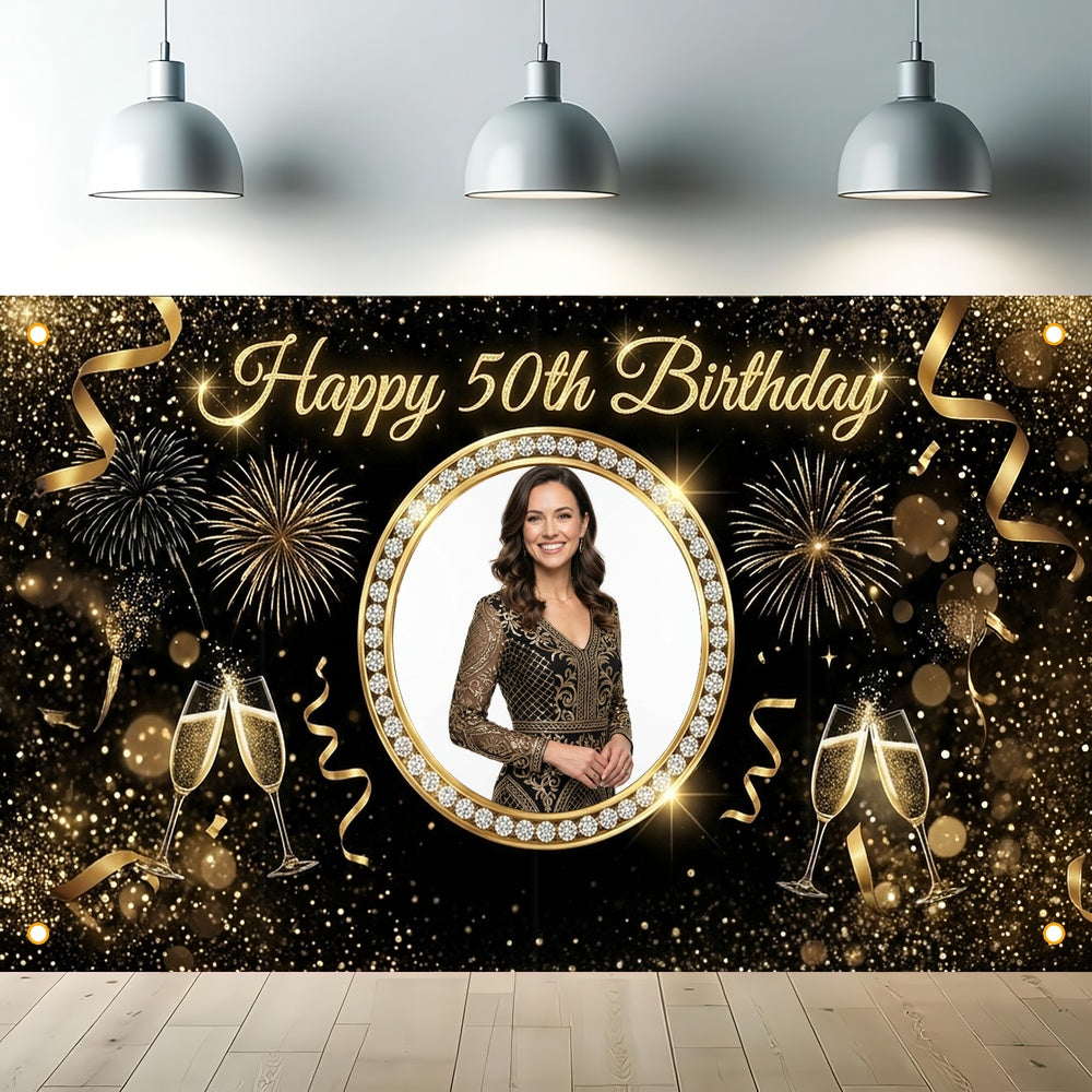 Custom Photo Birthday Banner, Personalized Picture Frame Sign, Elegant Black & Gold 50th Happy Birthday Backdrop, Large 71"x43"