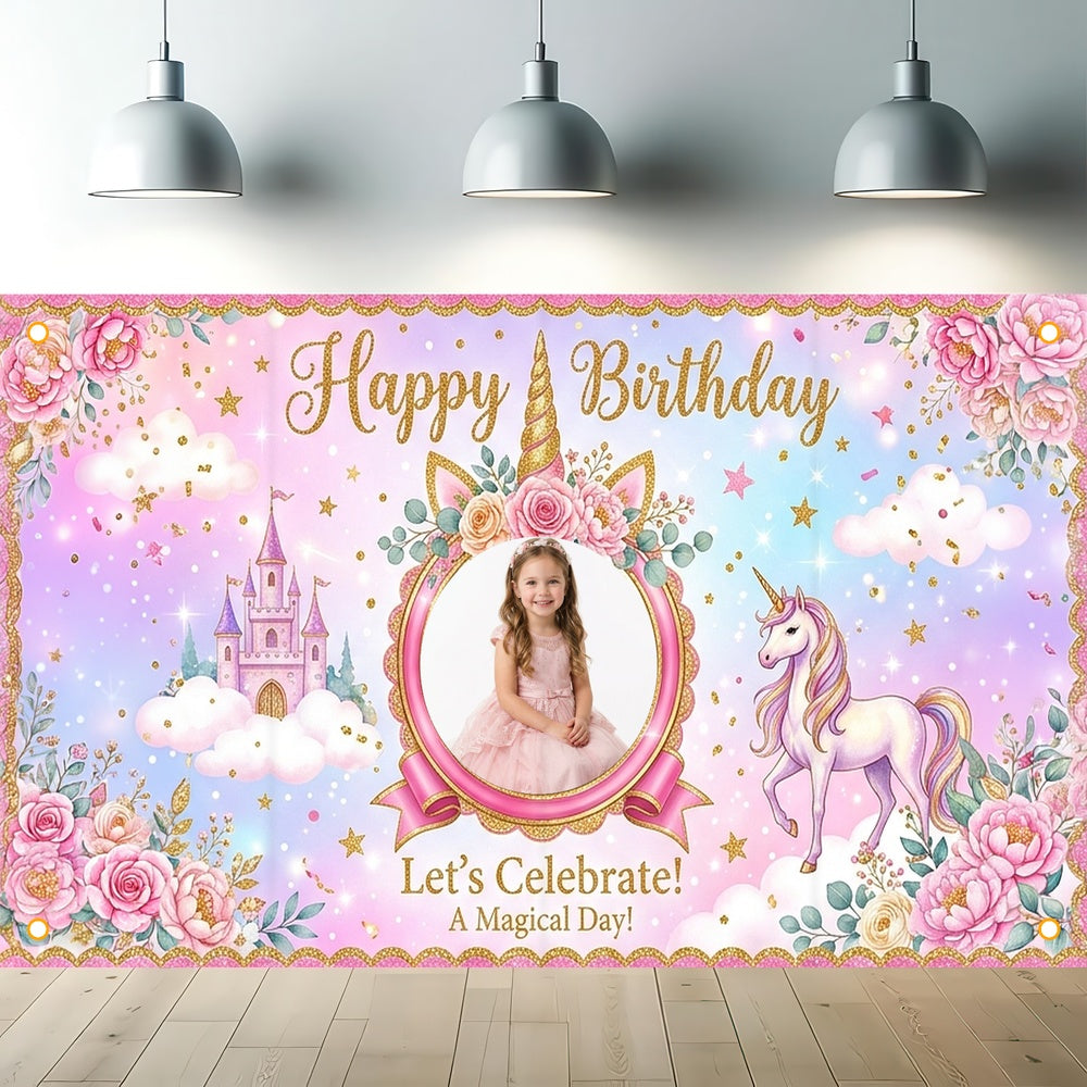 Custom Photo Birthday Banner, Personalized Picture Frame Sign, Magical Pink Rainbow Unicorn Happy Birthday Backdrop, Large 71"x43"