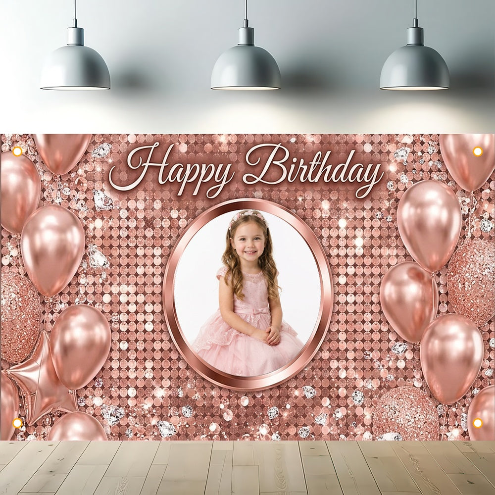 Custom Photo Birthday Banner, Personalized Picture Frame Sign, Rose Gold Balloons Glitter Happy Birthday Backdrop, Large 71"x43"