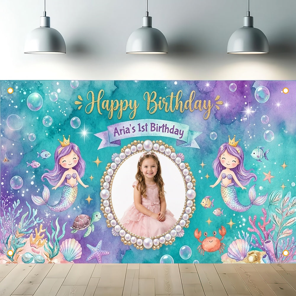 Custom Photo Birthday Banner, Personalized Picture Frame Sign, Blue Purple Ocean Mermaid Happy Birthday Backdrop, Large 71"x43"